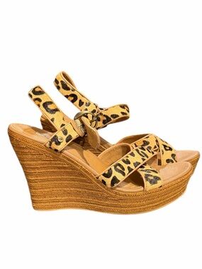 UGG Jazmine Leopard Calf Hair Animal Print Woven Jute Wedge Sandals Size 9